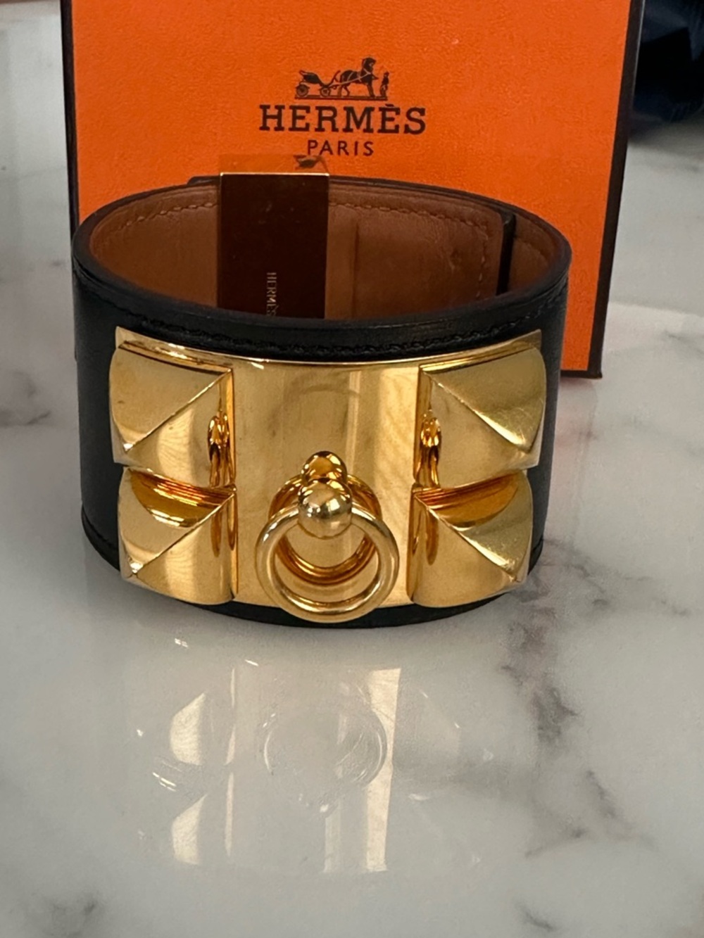 Hermès Collier de Chien Gold & Black Leather Bracelet